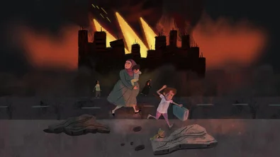 Gaza illustration showing pregnant mother fleeing from conflict scene, by Andrés Landazabal