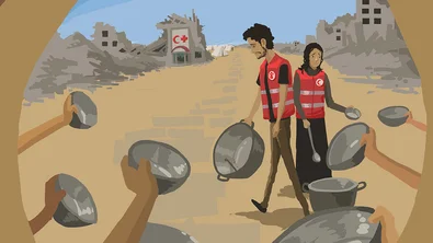 Illustratie van mensen met lege pannen in een oorlogsgebied