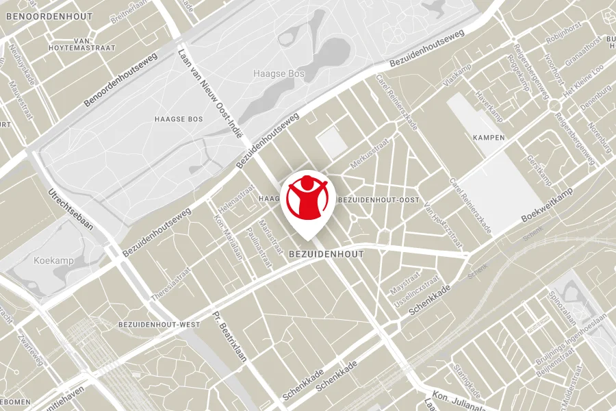 Kaart van Bezuidenhout, Den Haag met pinpoint Save the Children locatie