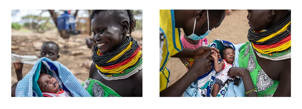 Links: Lydia houdt haar baby vast en lacht naar hem. Rechts: Lydia houdt haar baby vast, terwijl hij wordt gescreend door een medewerker van Save the Children