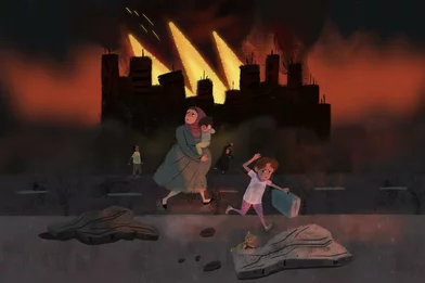 Gaza illustration showing pregnant mother fleeing from conflict scene, by Andrés Landazabal