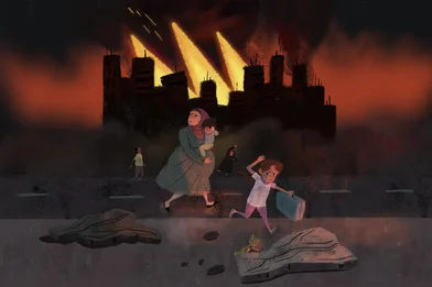 Gaza illustration showing pregnant mother fleeing from conflict scene, by Andrés Landazabal