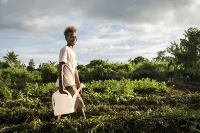 Junior, 16, watering plants in a community garden in Malaita Province, the Solomon Islands