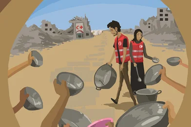 Illustratie van mensen met lege pannen in een oorlogsgebied