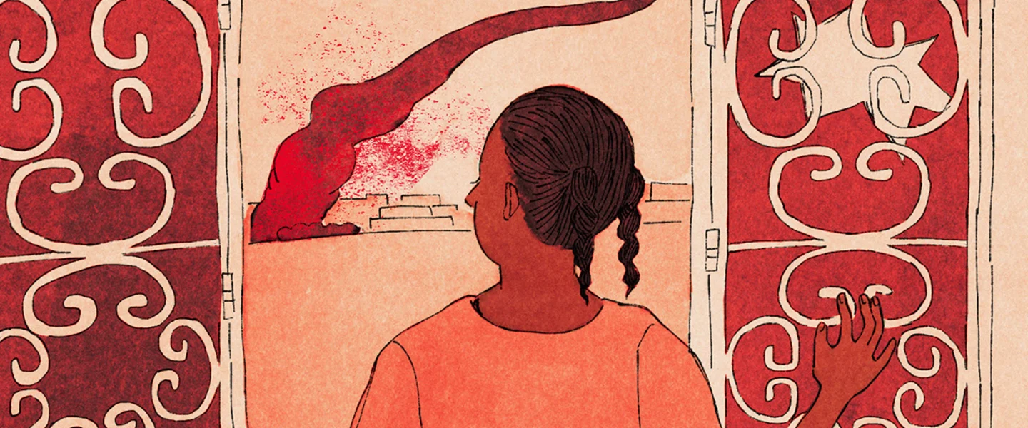 Een illustratie van een Soedanees meisje dat uit haar raam het conflict ziet