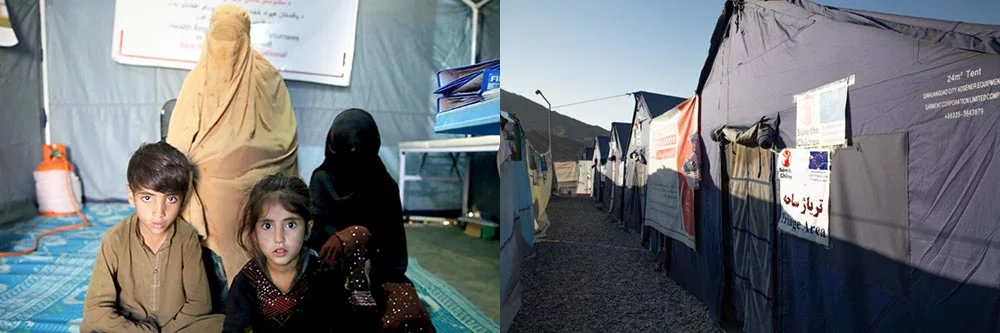 Asra with three of her children and a Save the children clinic