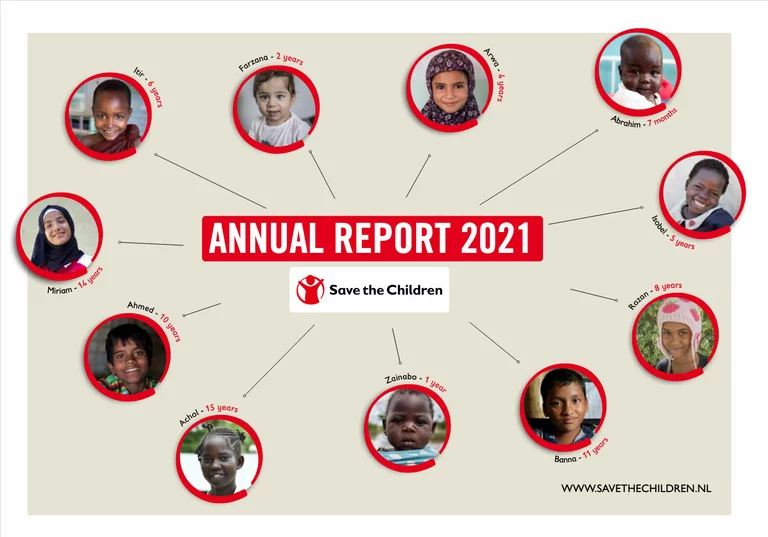 cover jaarverslag 2021. Elf gezichten van kinderen in een circel
