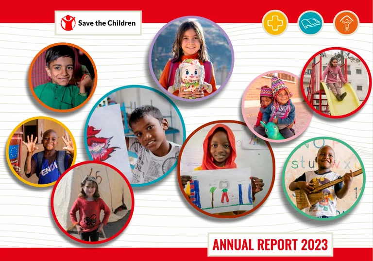 cover jaarverslag 2023; 9 foto's van kinderen in een circel